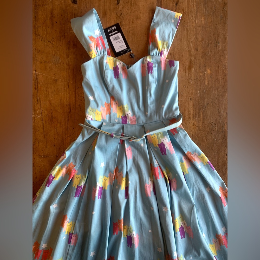 Light Blue Cat Print Fit-and-Flare Dress - Picture 7 of 16